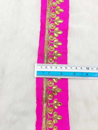 Fuchsia Pink Silk Fabric Lace Trim Floral Embroidery & Indian Stones Kundan Embellishment, Decorative Sari Trim, Floral Border Trim By Yard
